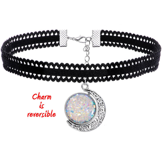 Handcrafted Black White Two Sided Faux Opal Moon Choker Necklace
