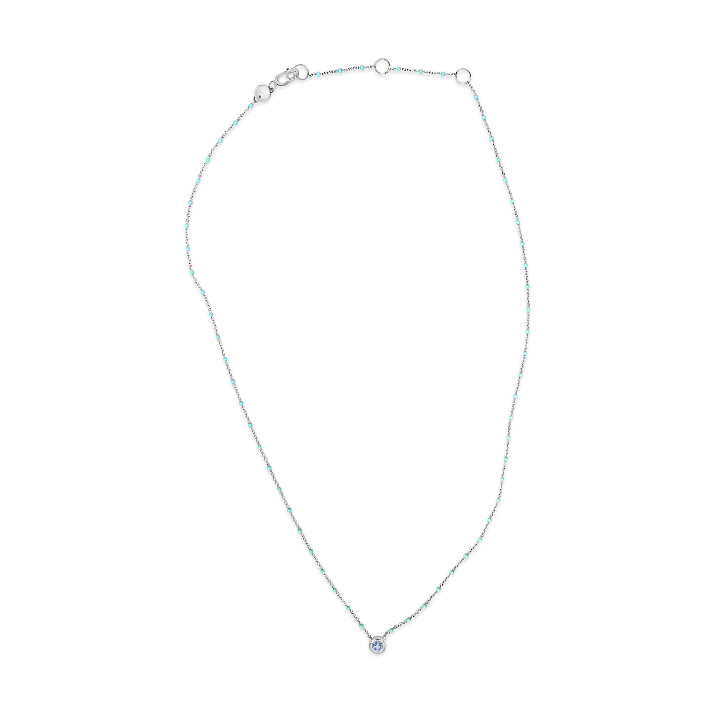 Sterling Silver Bezel Set Light Blue Aquamarine and Enamel Bead Chain Necklace