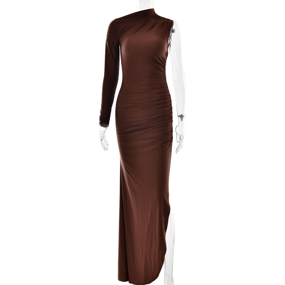 Women Elegant Dress Sexy One Shoulder Sleeves Solid Color Split Slim Dress Long