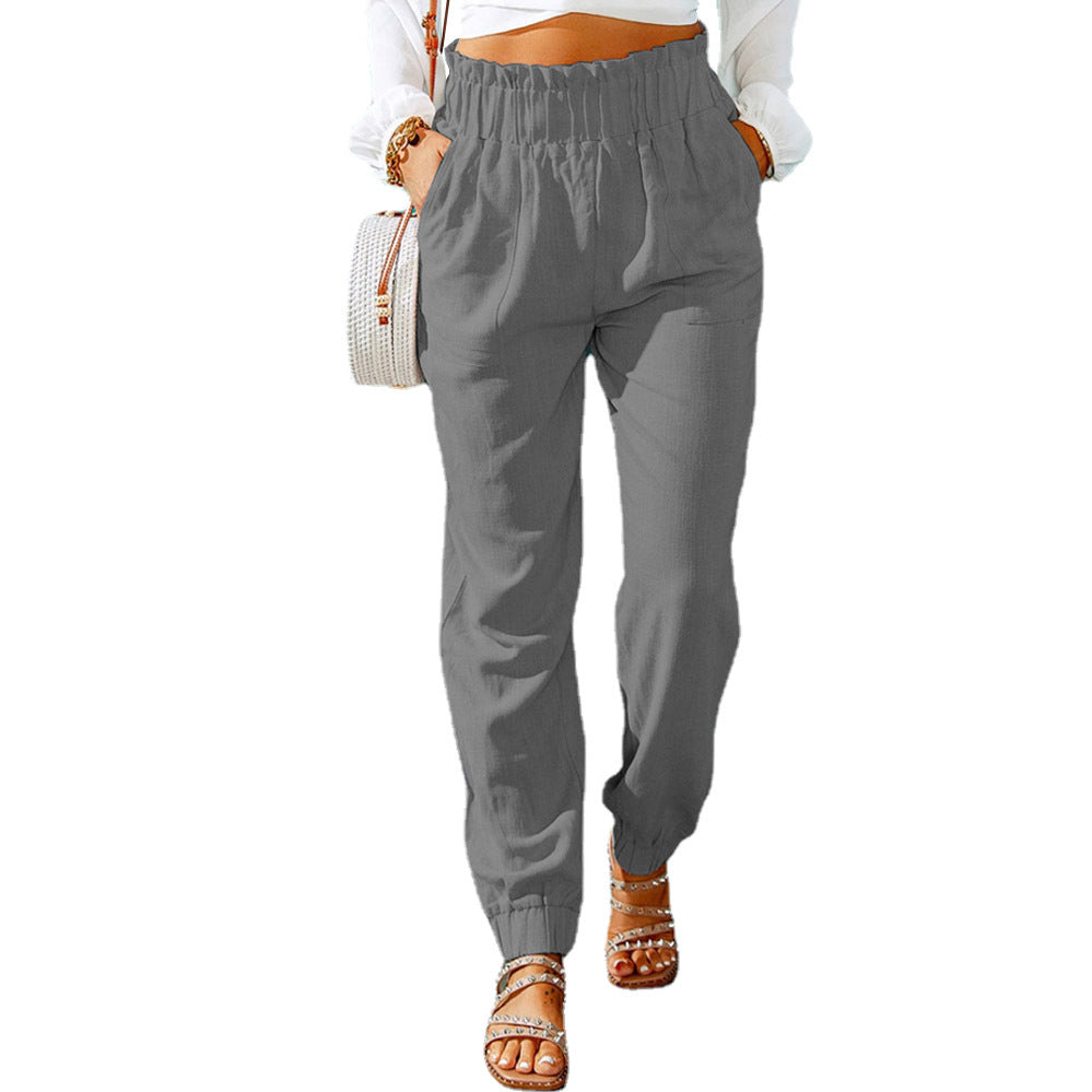 Women Clothing Spring Ruffled Elastic Waist High Waisted Trousers