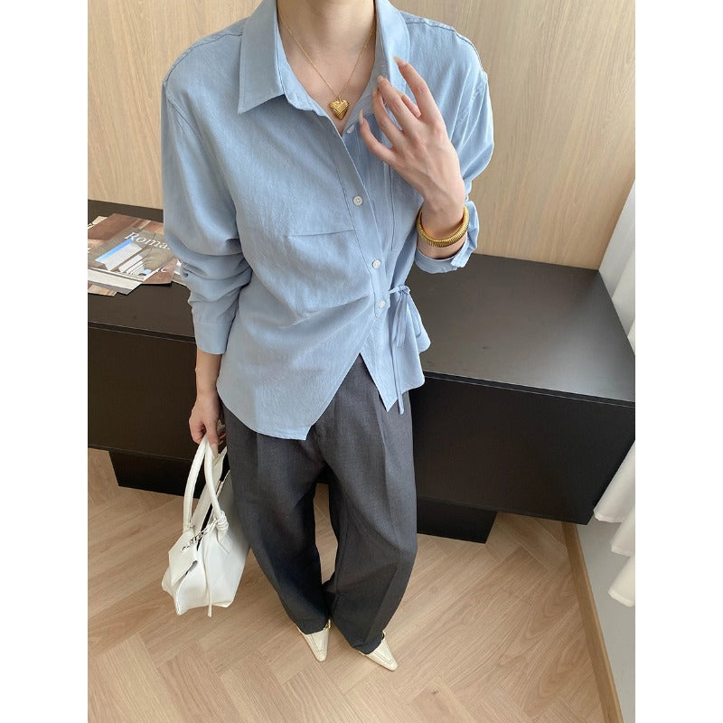 Intelligent Office Feeling Lysel Tencel Irregular Asymmetric Lace up Waist Controlled Slimming Long Sleeve Shirt