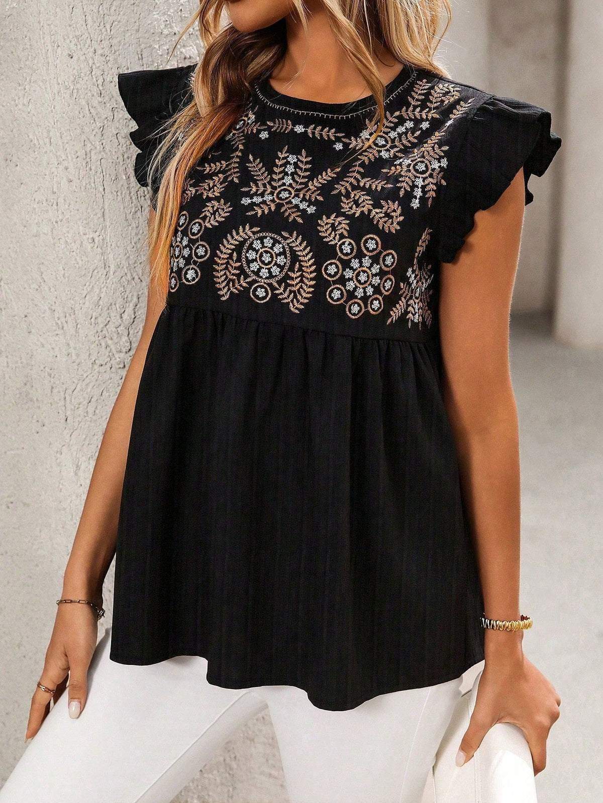 National Embroidered Shoulder Flying Sleeves Casual Short Shirt Women Top