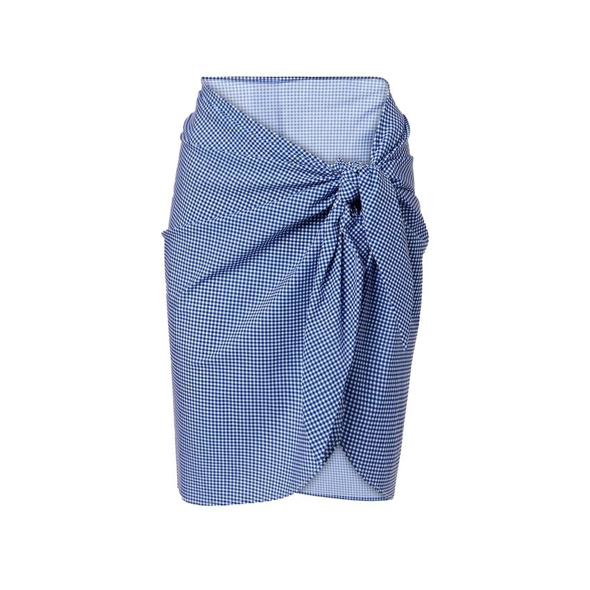 Korean Blue White Plaid Square Collar Pleating One Piece Swimsuit Women Two Piece Set Spring Vacation Swimsuit Set