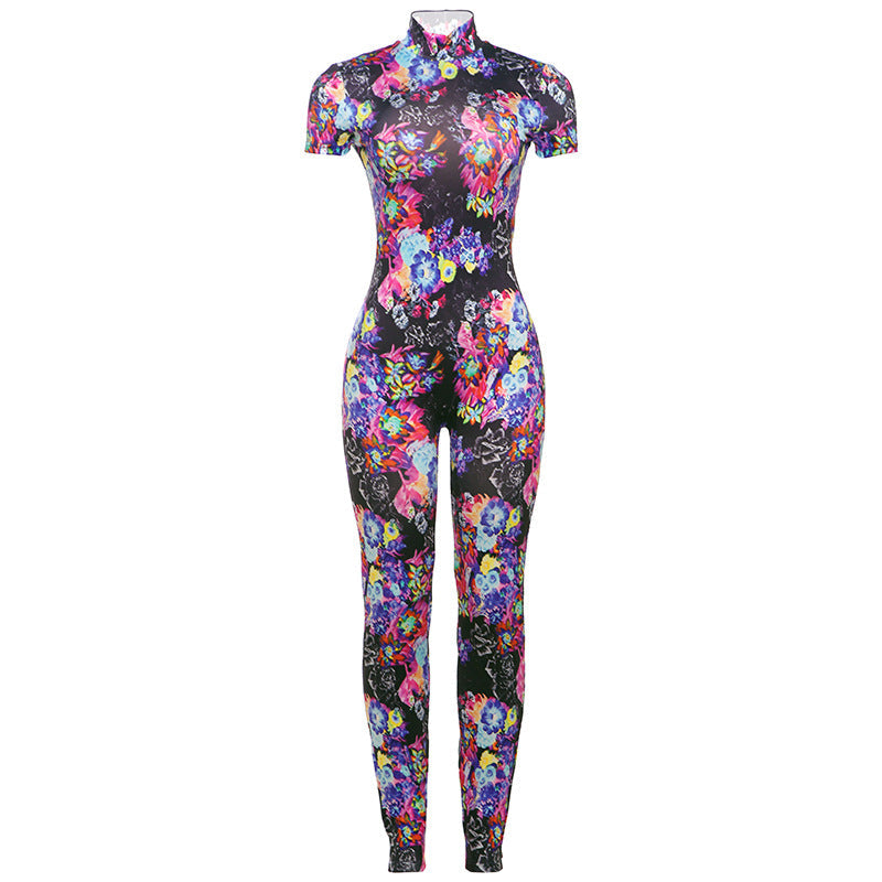 Spring Sexy Backless Skinny Personalized Printed Short Sleeved Jumpsuit Women Clothing