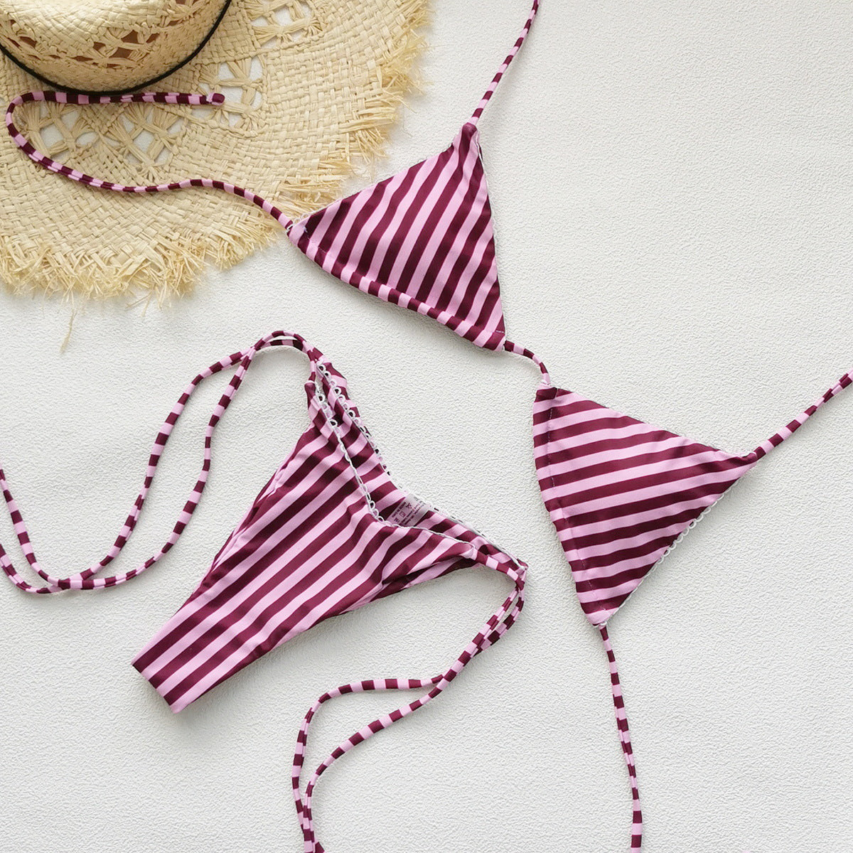 Women Three Point Striped Printed Lace up Sexy Backless Low Waist Bikini Split Swimsuit Bikini