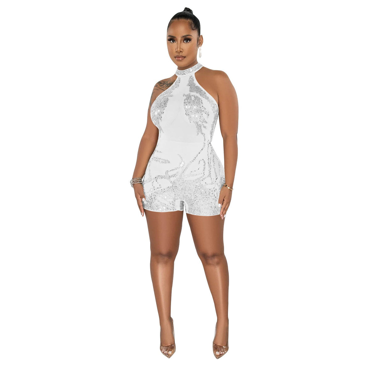 Summer Women Clothing Sexy Tight Mesh See through Rhinestone Jumpsuit for Women