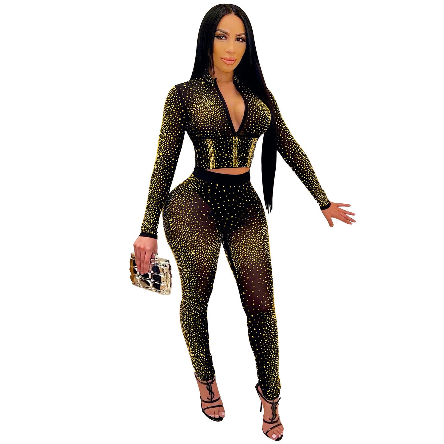 Women Clothing Sexy Tight Mesh See-through Long Sleeve Rhinestone Two-Piece Set Blouse Pants Women