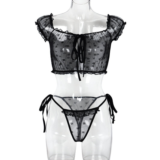 Sexy Underwear Two Piece Wooden Ear See through Bow Collar Sexy Cute Girl Set