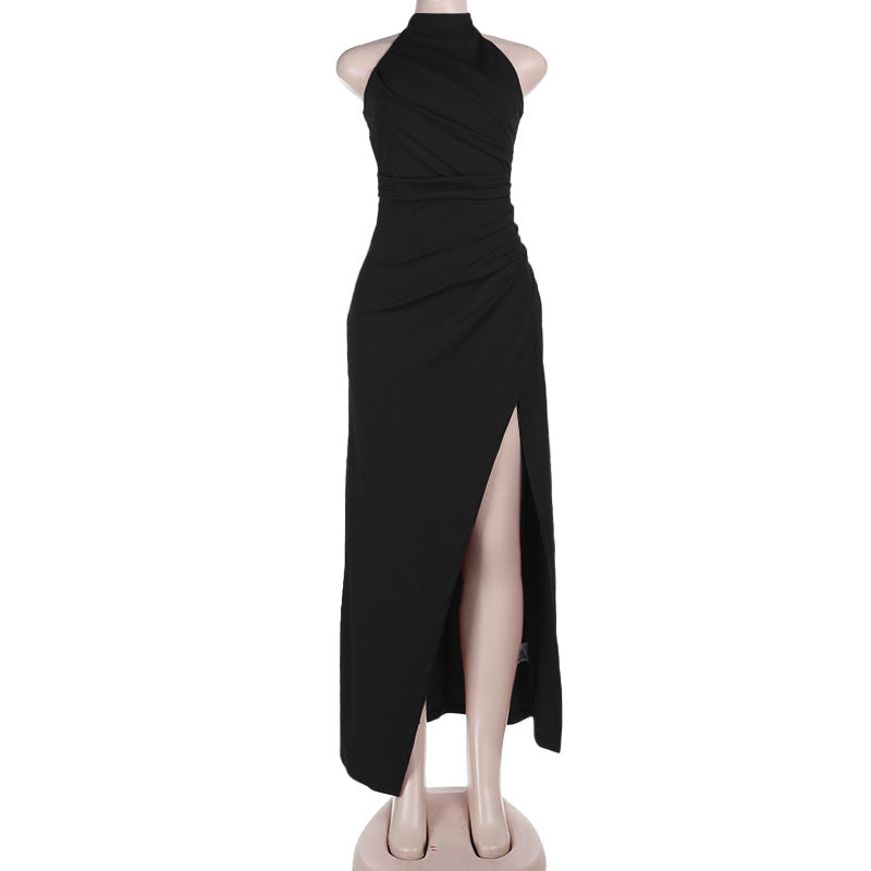 Women Evening Split Halter Party Pleated Dress