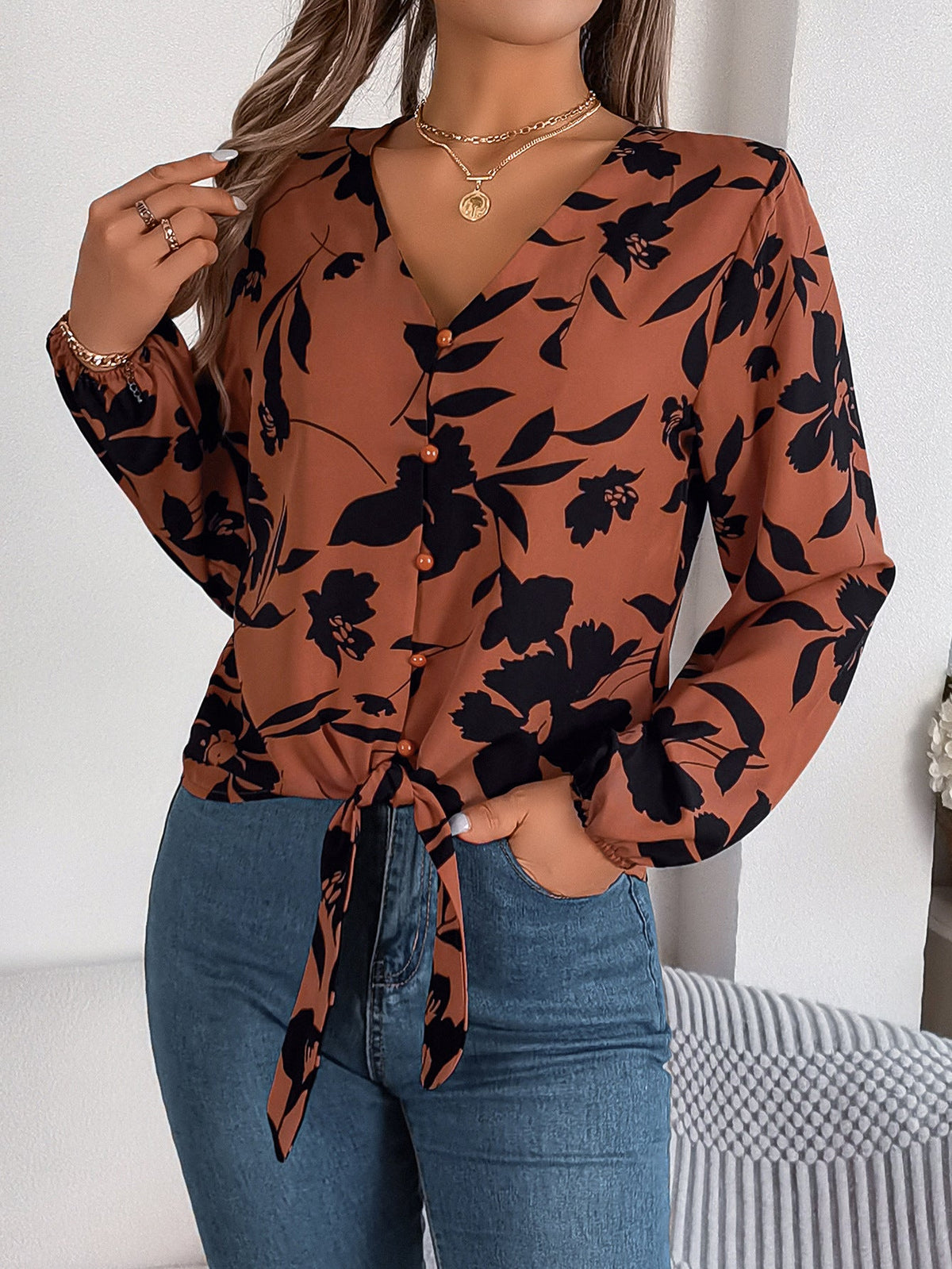 Real Shot Autumn Winter Casual Contrast Color Floral Lantern Sleeve Self Tie Chiffon Shirt Top Women Clothing