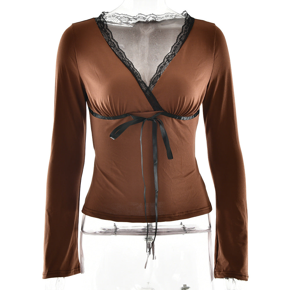 Women Tops V neck Lace Bow Long Sleeve Sexy Slim T shirt