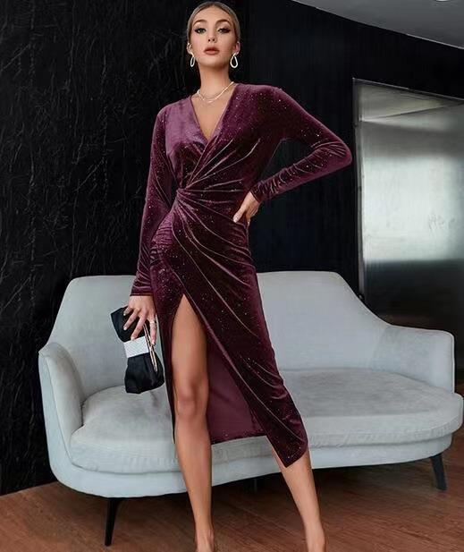 Evening dresses sexy leg-baring long sleeve midi skirts gold velvet nightclub dresses