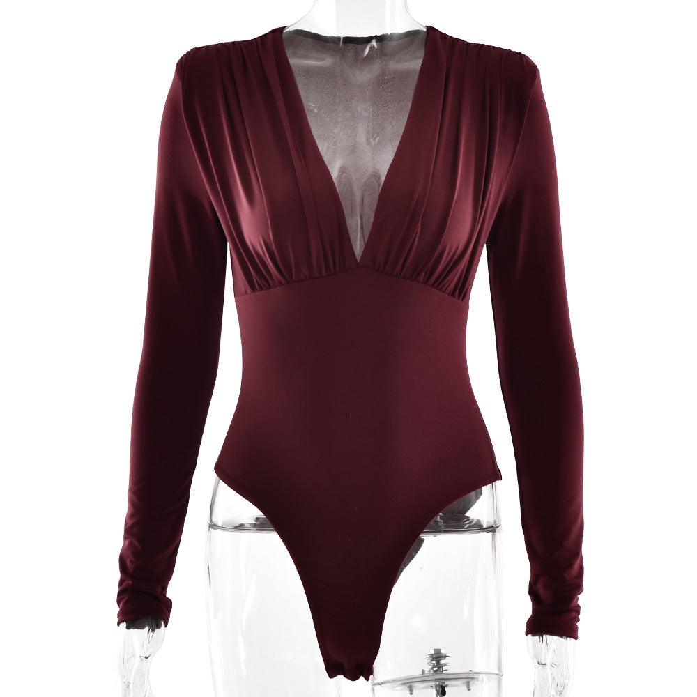 Women Deep V Plunge neck Long Sleeved Bottoming Shirt Fashionable All Match Elegant Bodycon Jumpsuit Autumn