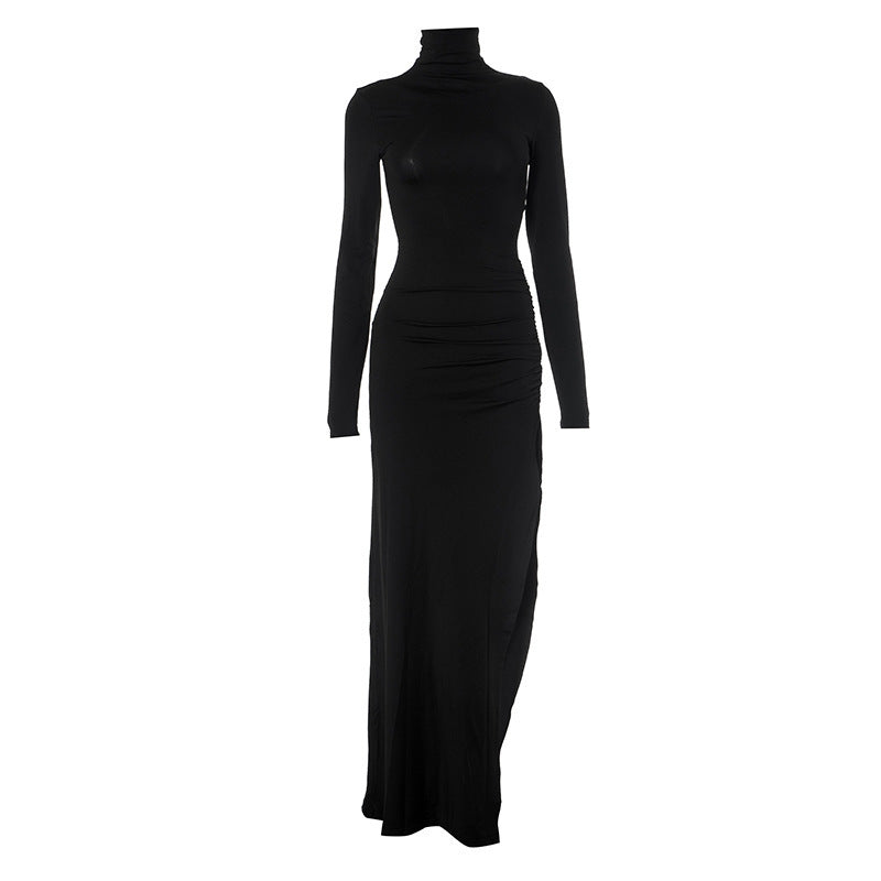Autumn Solid Color Half High Collar Long Sleeves Slit Slim Fit Sexy Long Women Dress