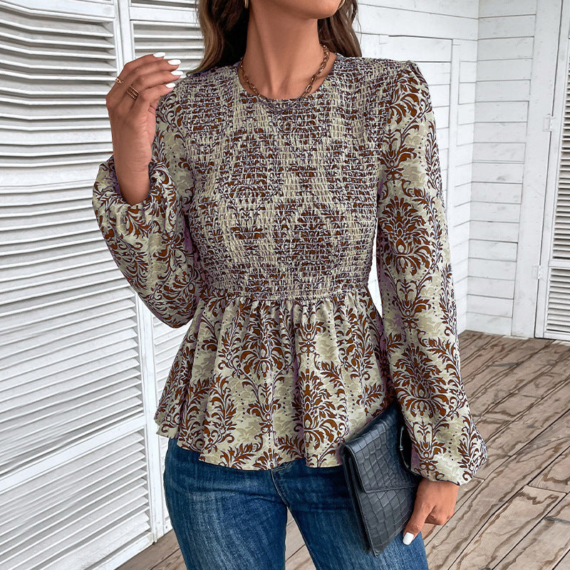 Women Clothing Autumn Slim Fit Long Sleeved Printed Top