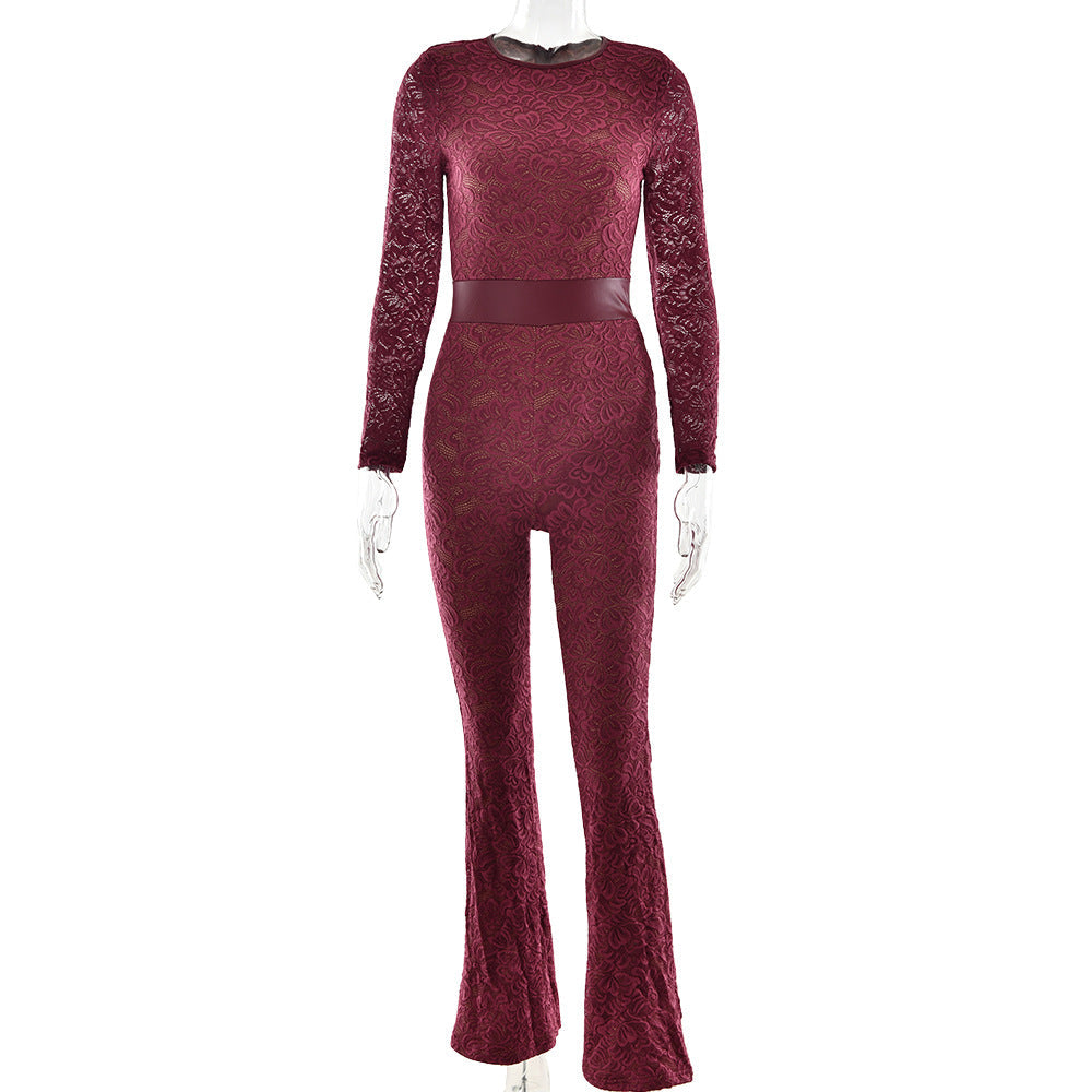 Autumn Winter Sexy Lace Stitching Arrival Long Sleeve round Neck Jumpsuit