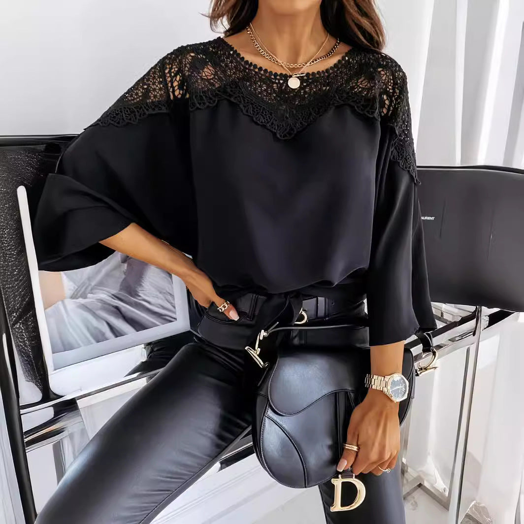 Spring Autumn Long Sleeve Lace Shirt Solid Color Office Top round Neck