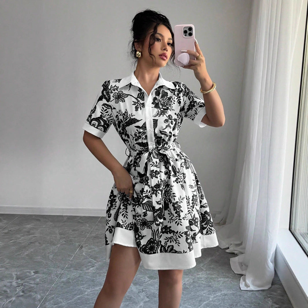 Women Clothing Summer Printing Lace up Waist Single Breasted Dress
