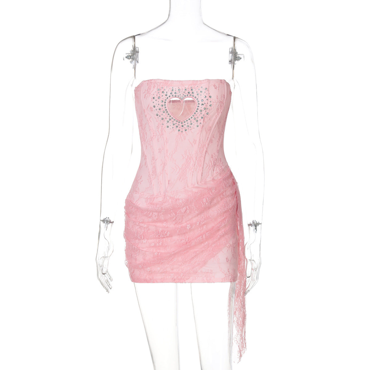 Women Clothing Rhinestone Hollow Out Cutout out Love Sexy Tube Top Stitching Lace Sheath Dress