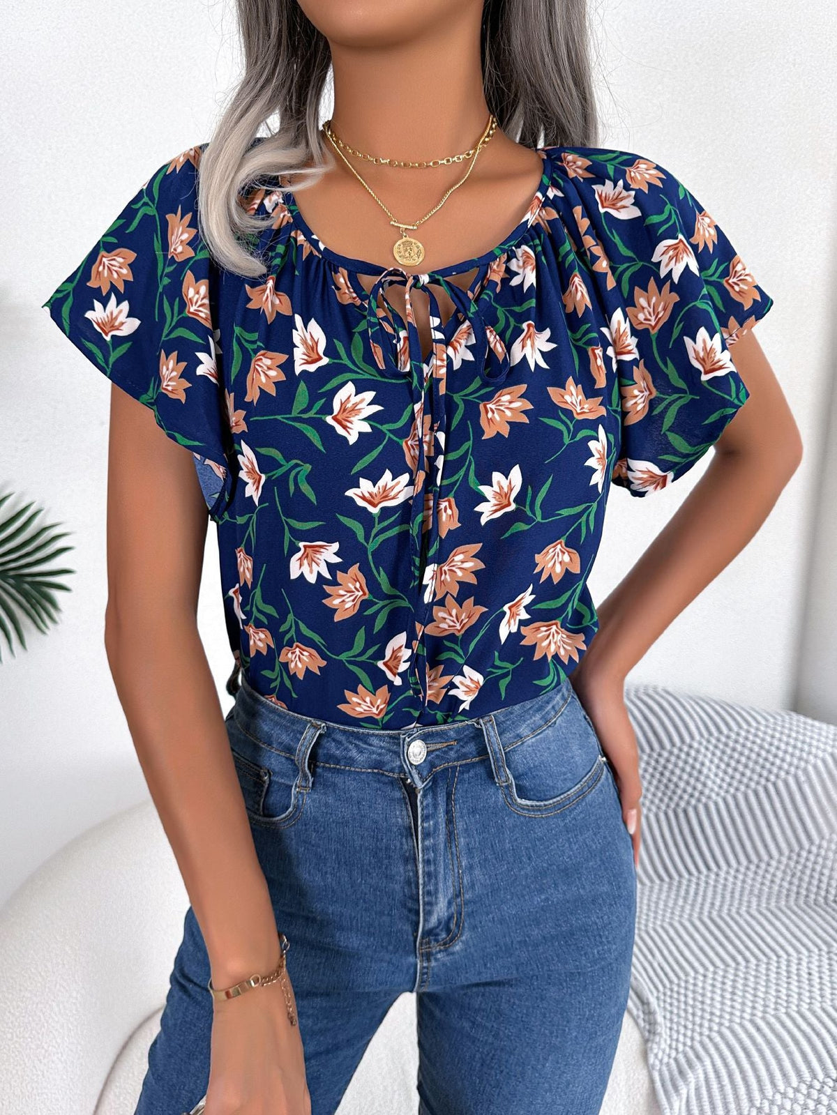 Spring Summer Casual Loose Lotus Leaf Self Tie Chiffon Shirt Top Women Clothing