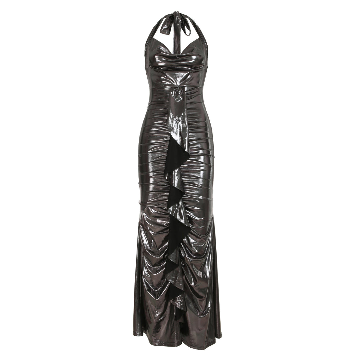 Sexy Dress Elegant Glossy Coating Backless Lace up Swing Collar Slim Fit Sheath Mop Dress
