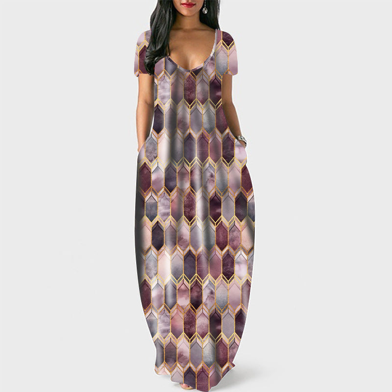 Women round Neck Pocket Short Sleeve Printed Dress