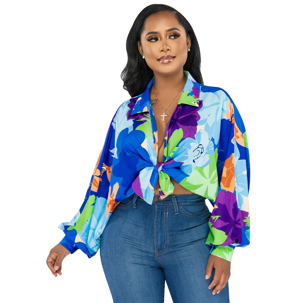 Women Clothing Batwing Sleeve Top Collared Print Shirt