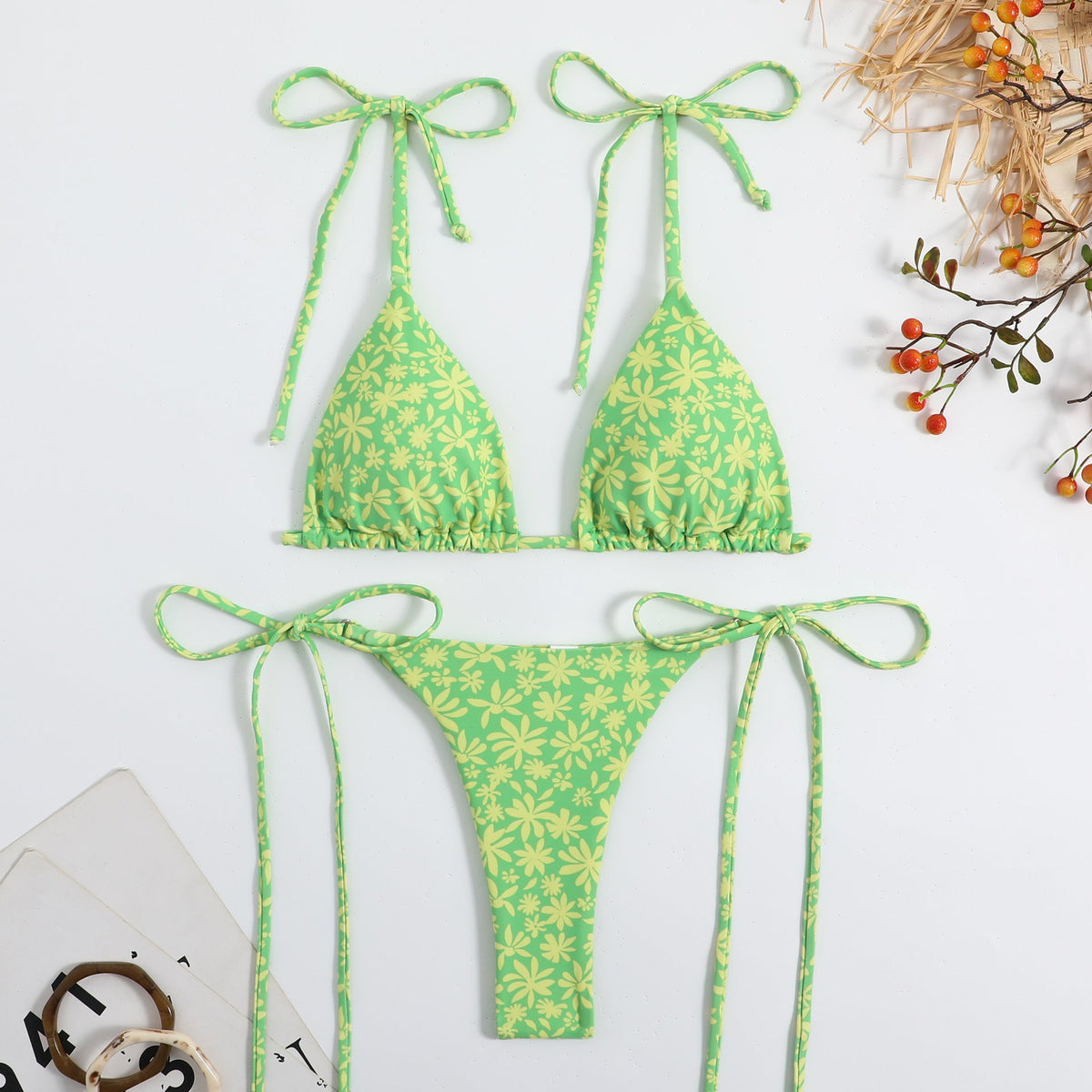 Lady Sexy Triangle Bikini Lace Up Duplex Printing Split Swimsuit Swimwear