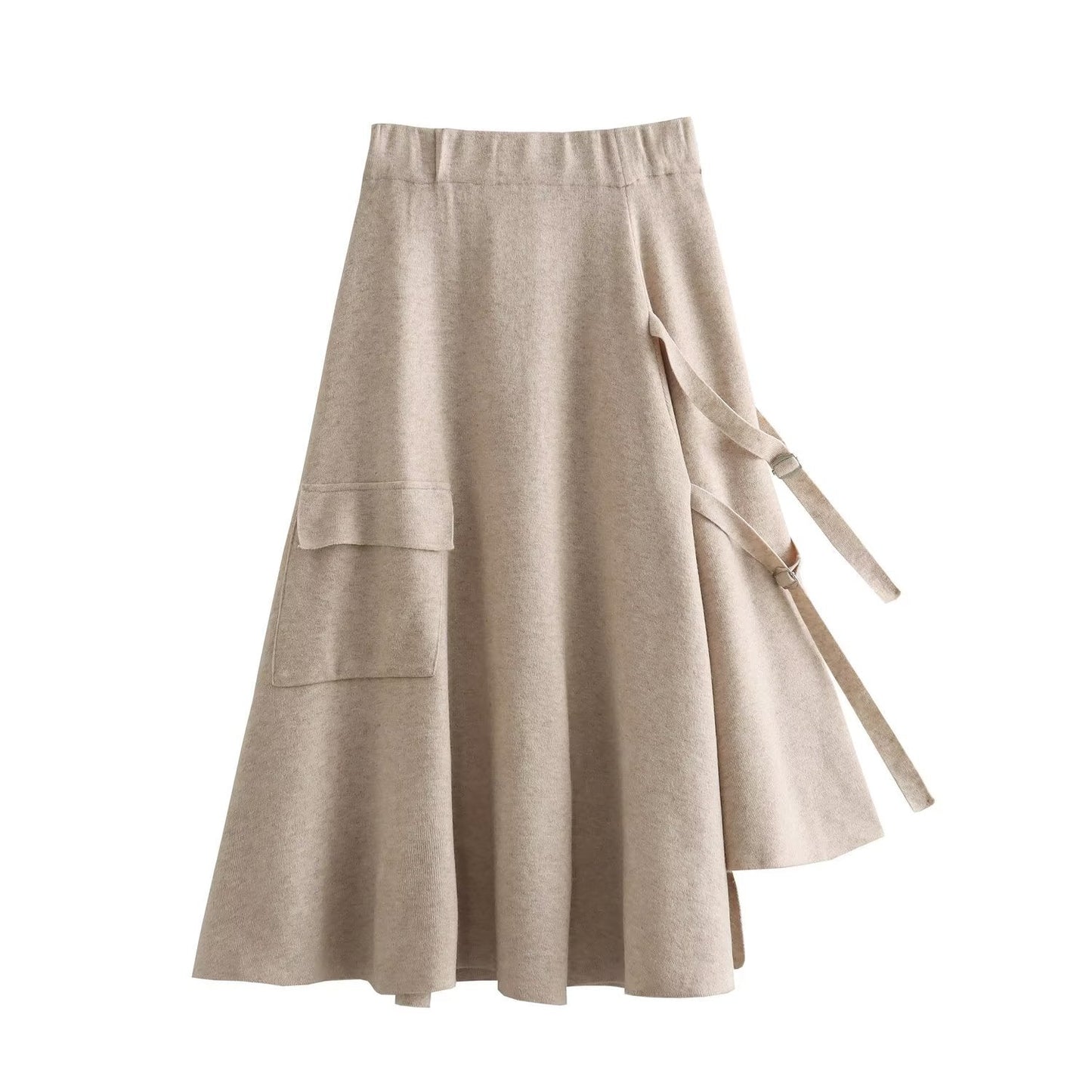 Women Clothing French All-Match Irregular Asymmetric Large Pocket Knitted Umbrella Skirt Skirt