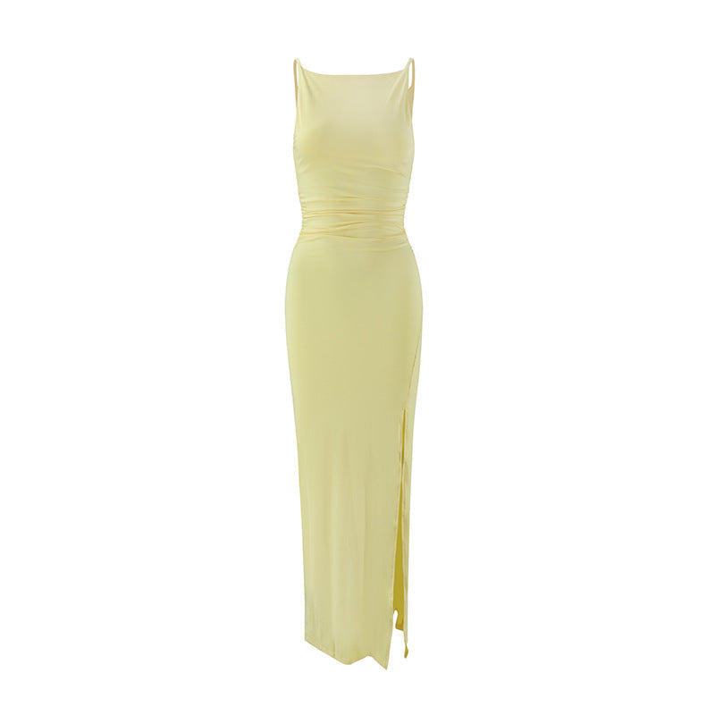 Women Clothing Summer Suspender off Neck Pleated Side Slit Elegant Dress