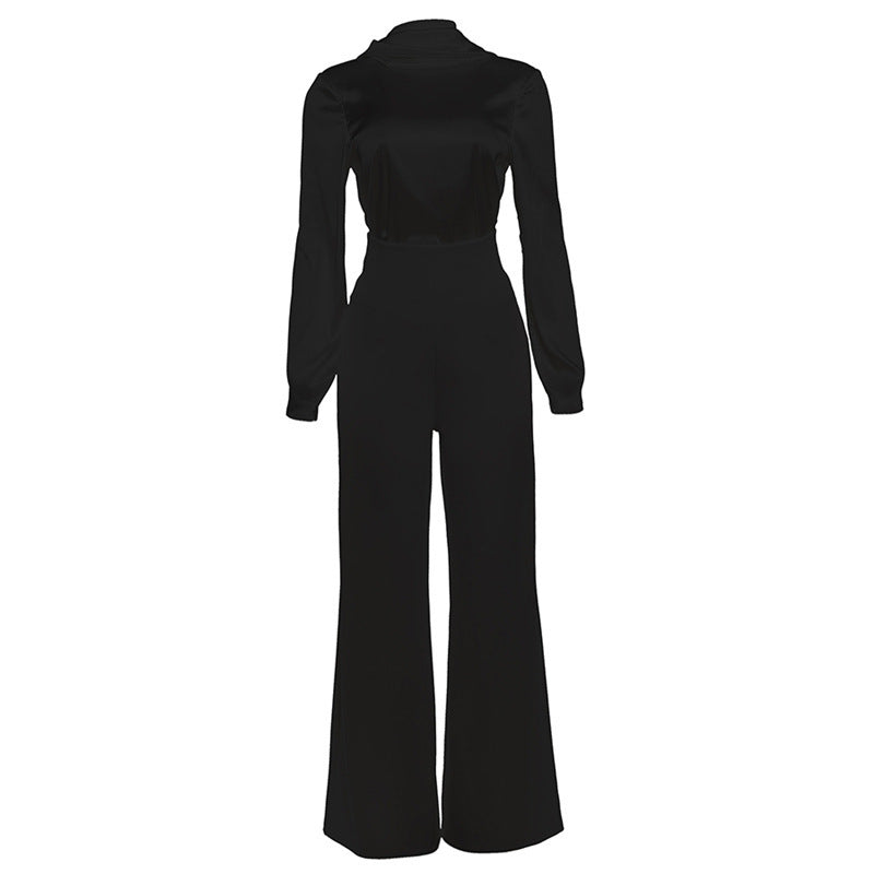 Women Clothing Autumn Winter Elegant White Stand up Collar Tie Top High Waist Wide Leg Slim Pants Two Piece Sets