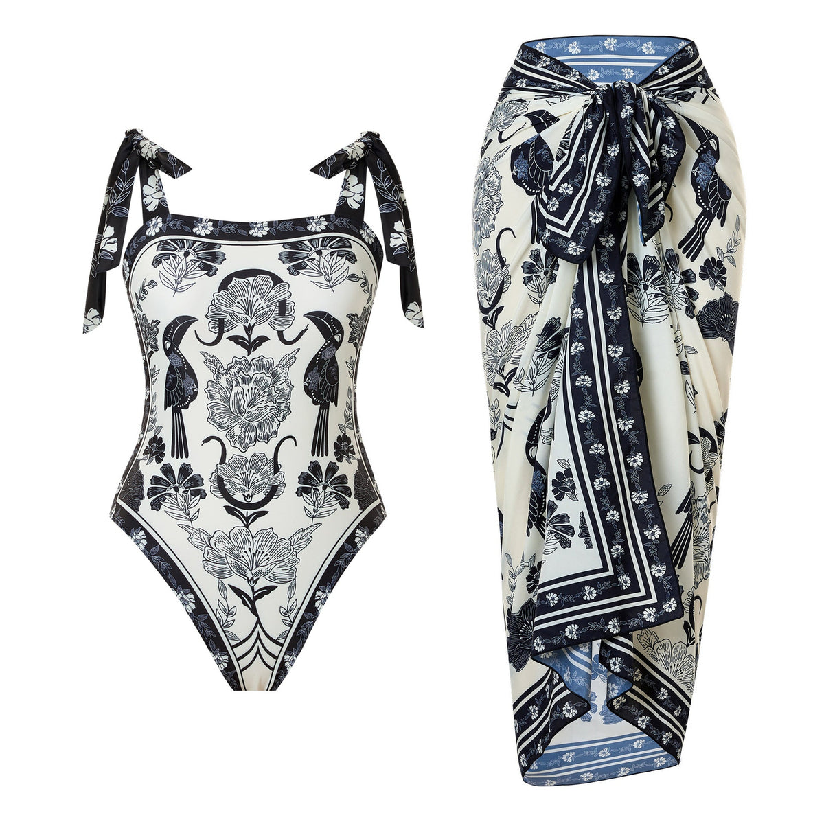 Products Retro Printed Swimsuit Women Conservative One Piece Chiffon Two Piece Sets Blouse Swimsuit Outfit