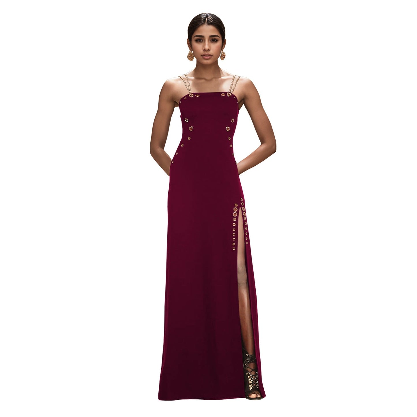 Women Wear Elegant Gold Necklace Sexy Sleeveless Split Dress
