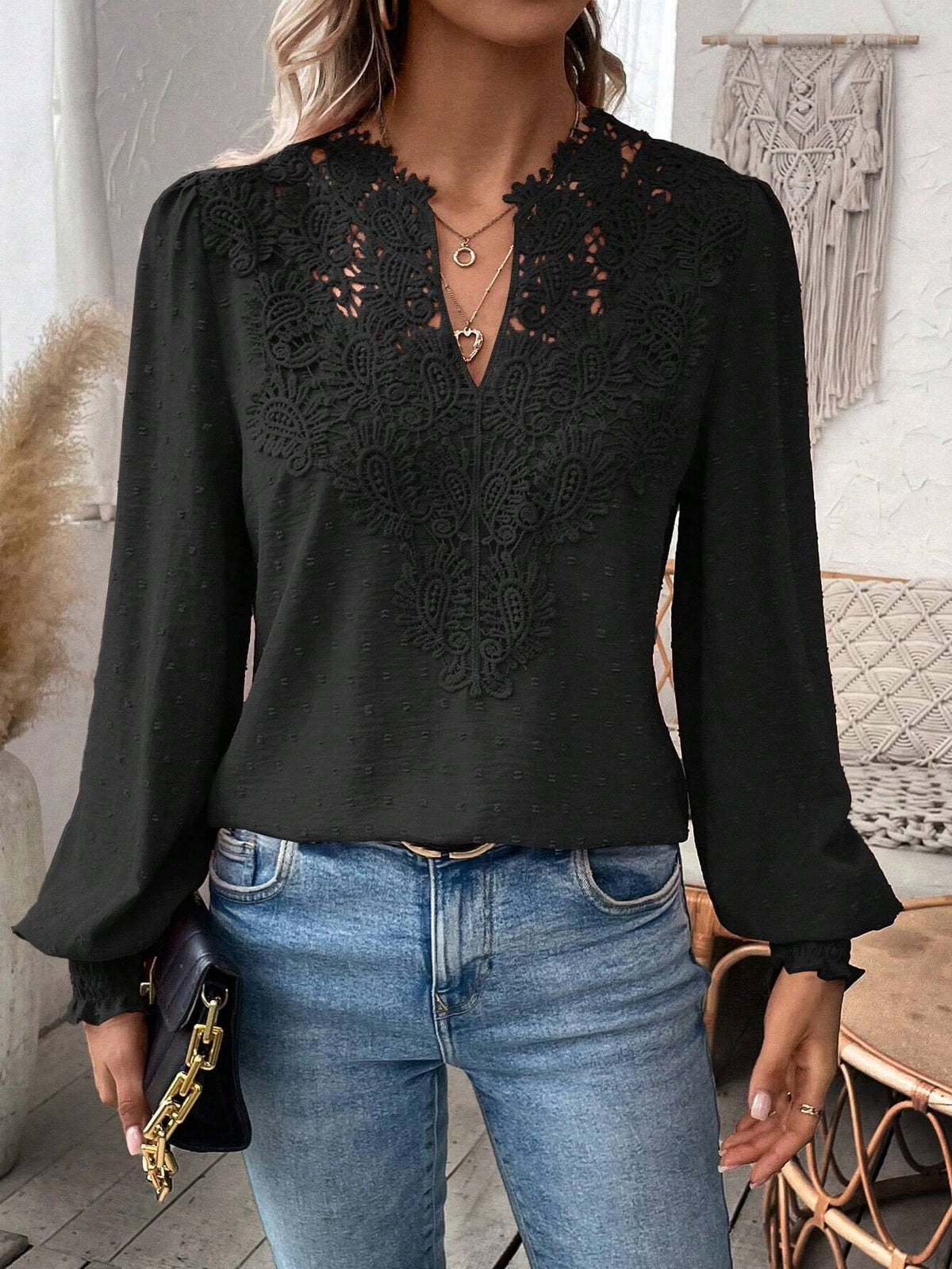 Autumn Winter V neck Lace Solid Color Long Sleeve Casual T Women Top