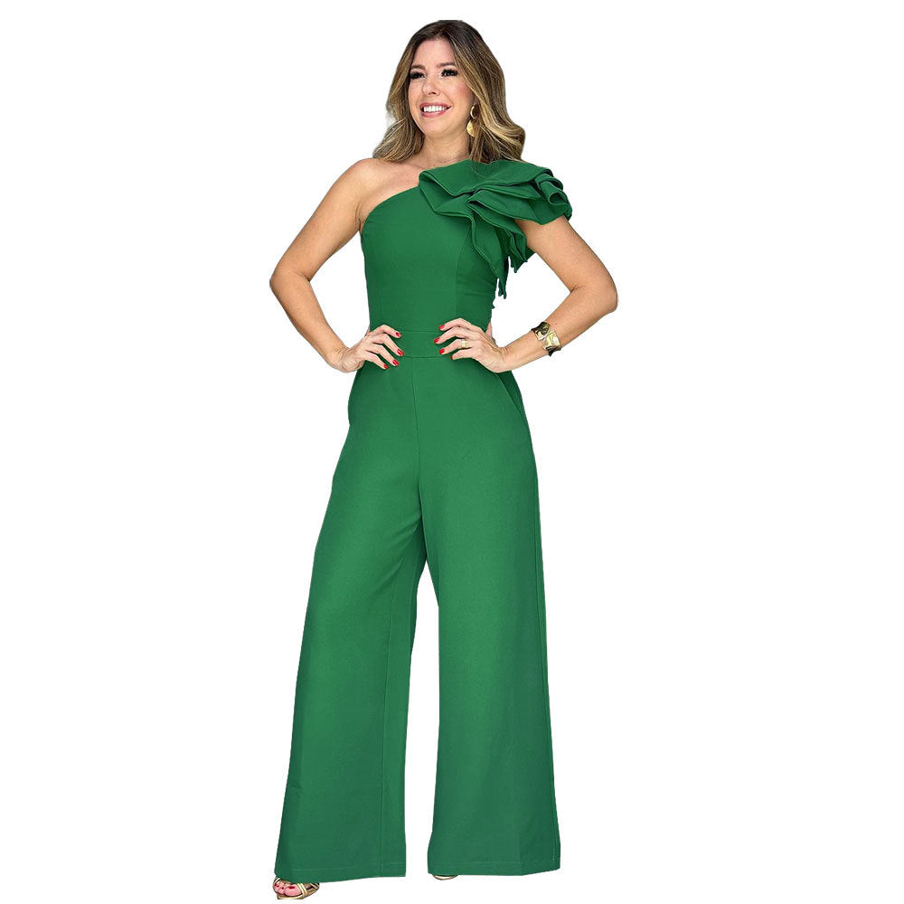 Women Wear Jumpsuit Oblique Shoulder Ruffles Design High Waist Jumpsuit