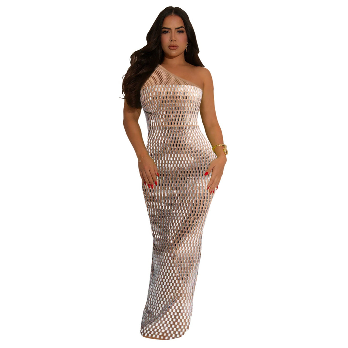 Women Wear Sexy Mesh Rhinestone Shoulder Sleeveless Dress