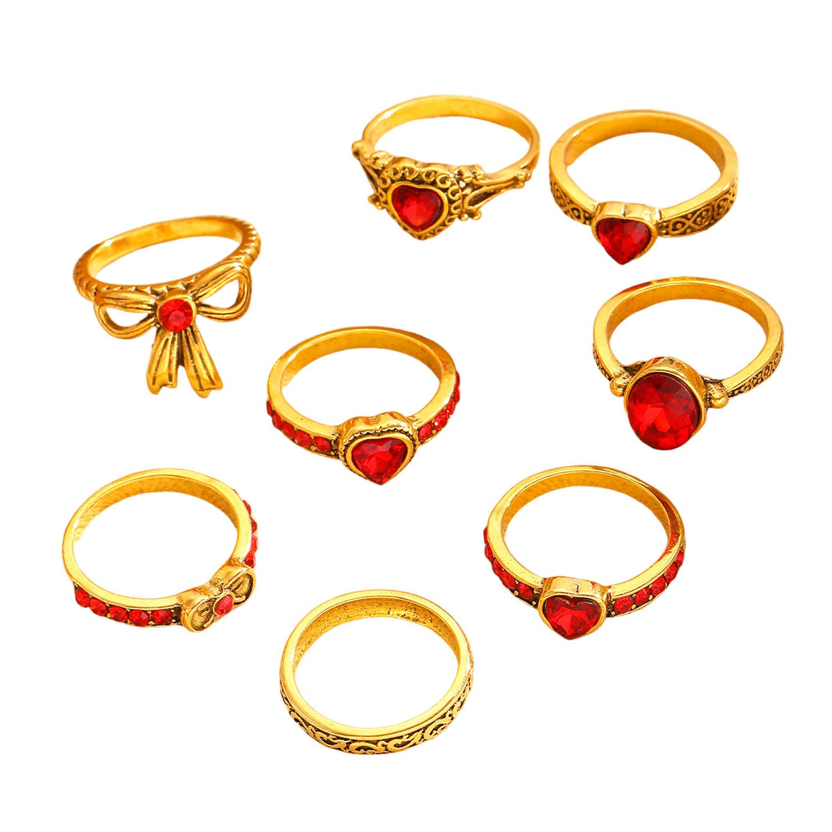 Art Vintage Palace Heart Geometric Red Zircon Bow Ring Women Luxury Band