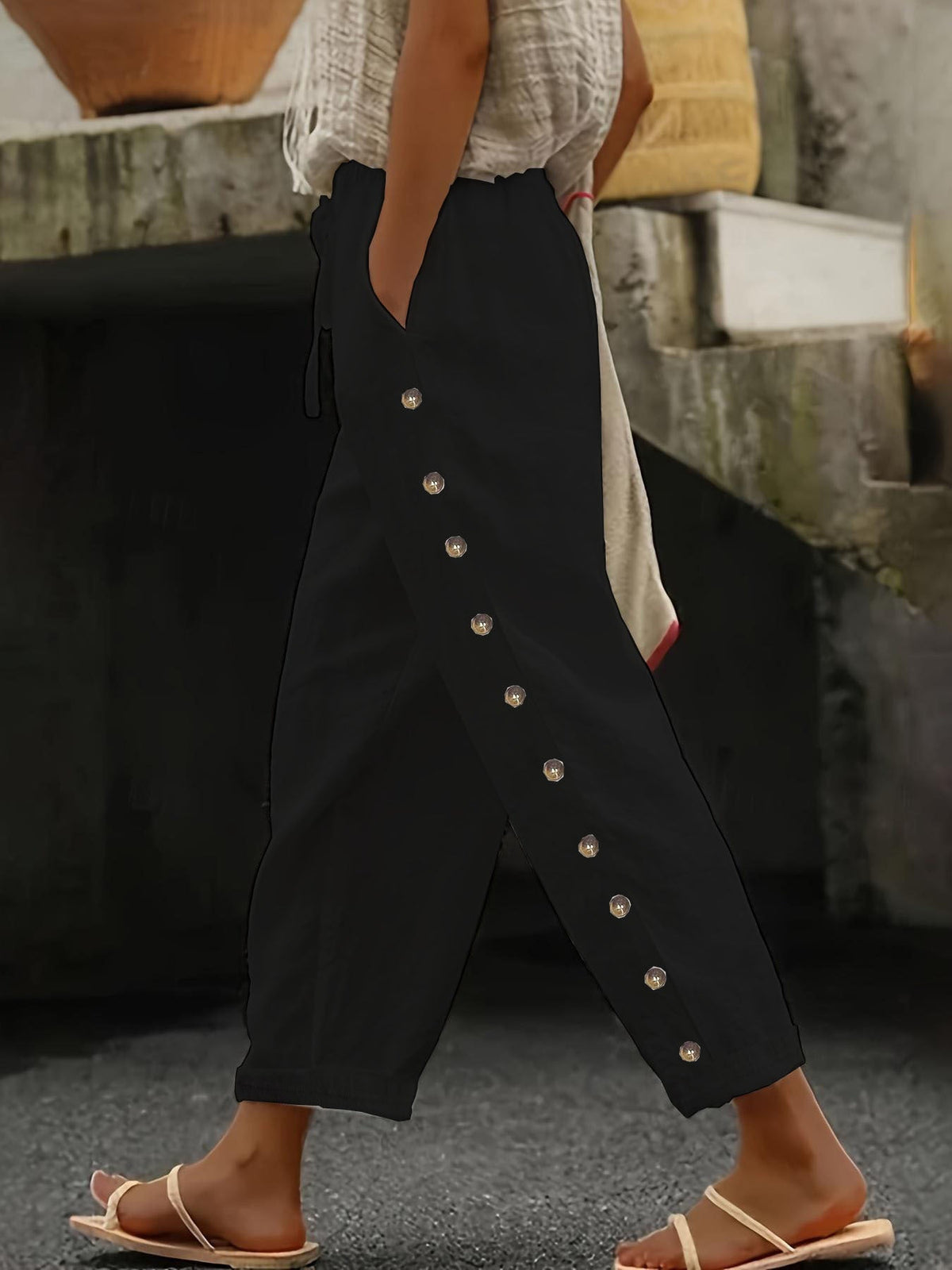 Fall Women Clothing Pants Elastic Waist Loose Casual Cropped Trousers