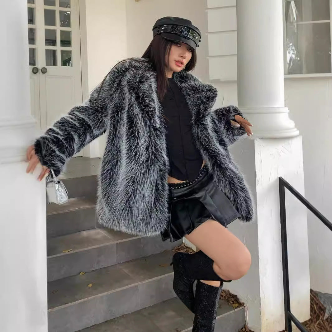 Autumn Winter Faux Fur Coat Women Collared Mid Length Fox Fur Loose Casual Thickening Plush Trendy Cool