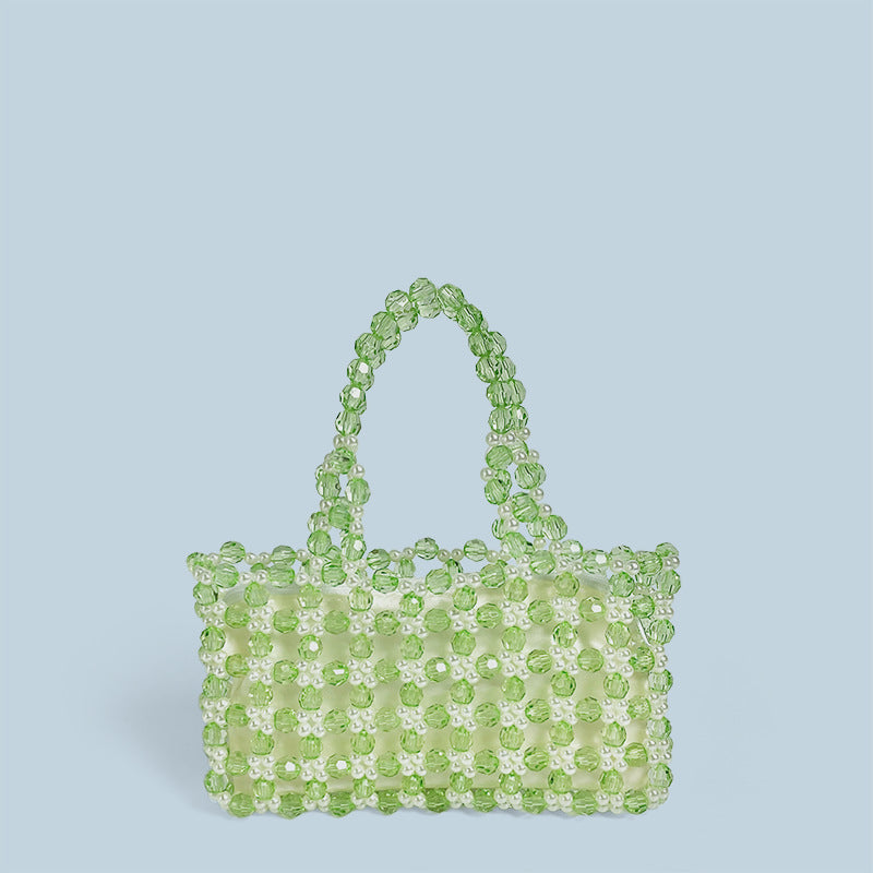Summer Niche Handmade Transparent Green Crystal String Beads Woven Bag Women Handbag Cute Niche Handbag