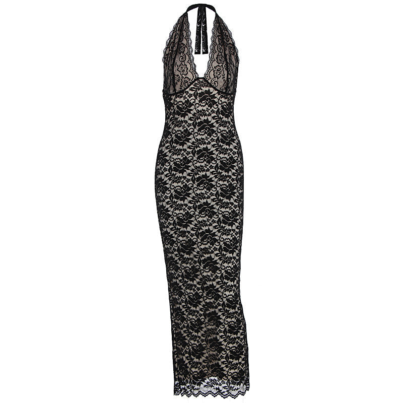 Summer Women Clothing Sexy Halter Lace Split Slim Slimming Dress