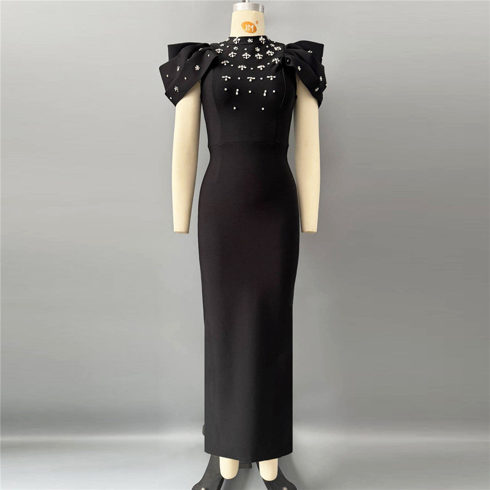 Lotus Leaf Sleeve Rhinestone Bandage One Piece Dress Ladies Party Cocktail Elegant Formal Dress