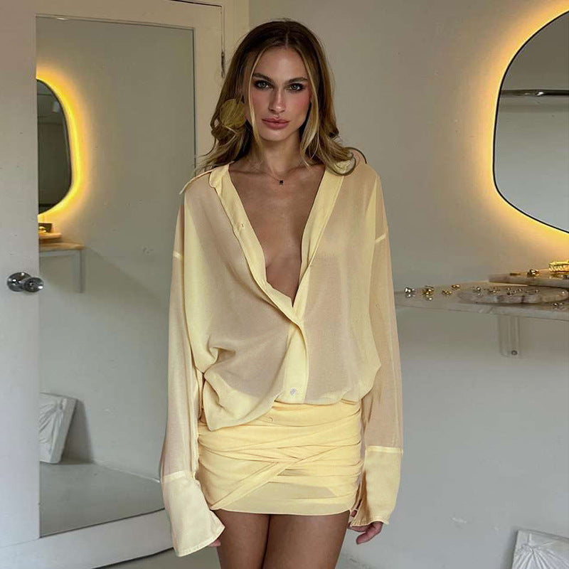 Spring Women Elegant Sexy Collared Slim Fit Sheath Lace up Shirt Dress Short Dress Women