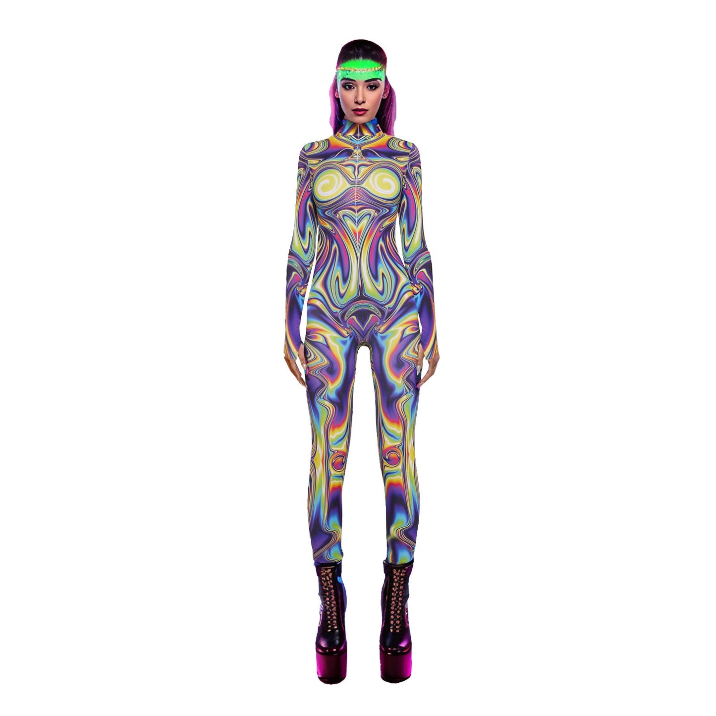 Women Clothing Y2g Printing Finger Fit Design Zipper Stretch Slim Fit Bodysuit