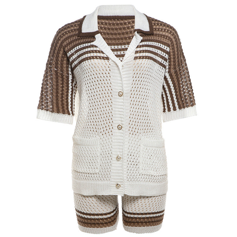 Summer Hollowed Out Polo Collar Top High Waist Shorts Knit Casual Suit Women