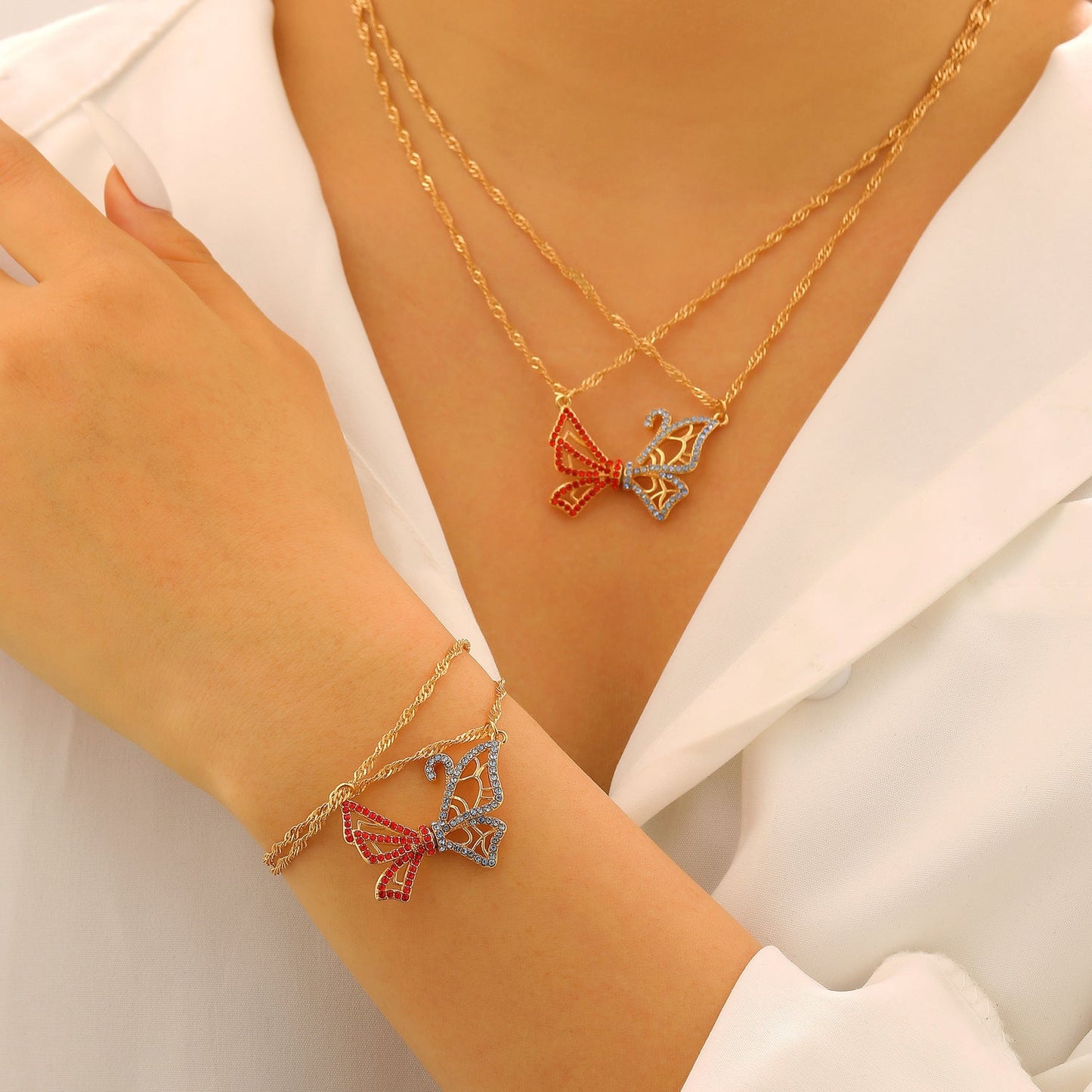 Butterfly Necklace & Bracelet Best Friend BFF Color Zircon Asymmetric Magnetic Jewelry