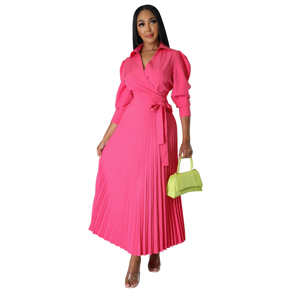 Spring Summer Long Sleeves Polo Collar High Waist Casual Pleated Women Clothing Dress