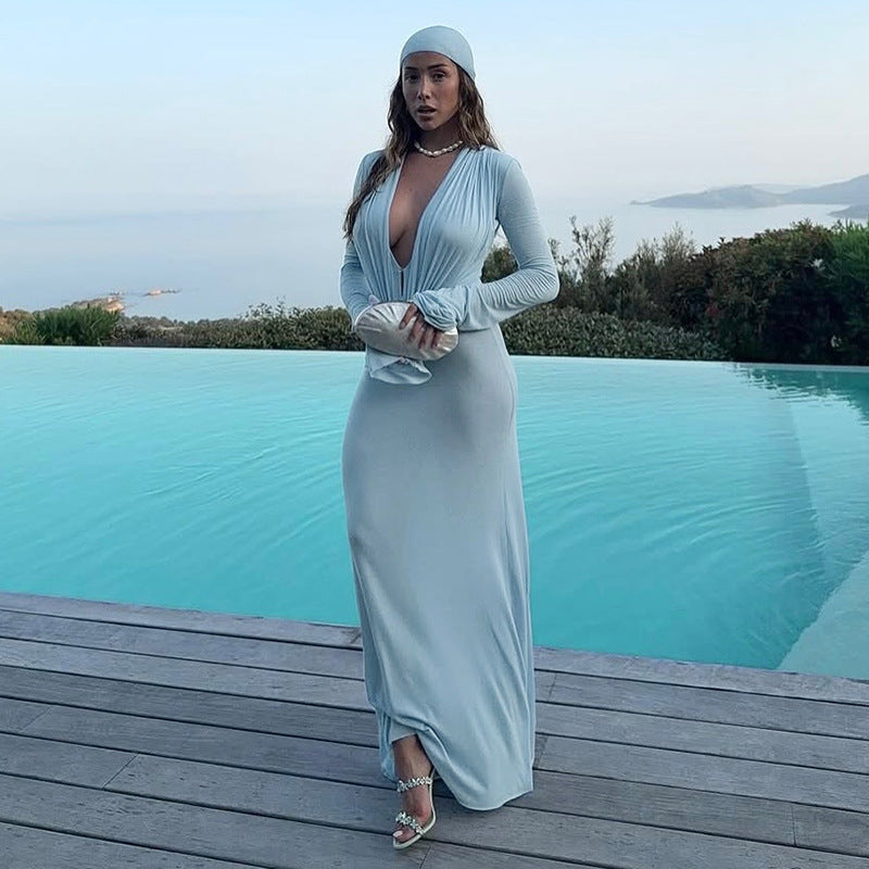 Women Clothing Sexy Solid Color Deep V Plunge neck Buttons Slim Fit High Waist Long Sleeves Dress Women
