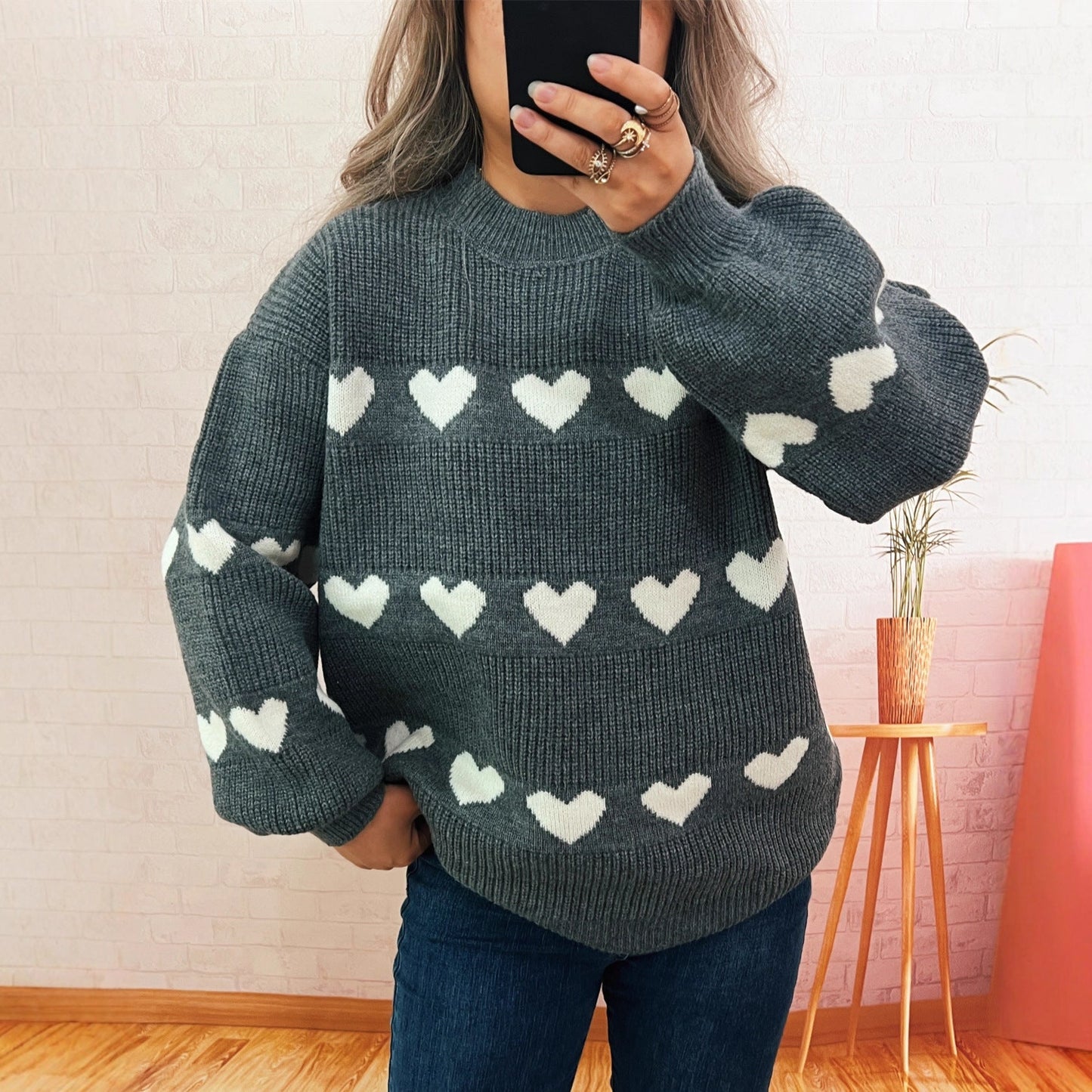 Autumn Winter Contrast Color Heart Knitted Top Crew Neck Casual Loose Warm Office Sweater for Women