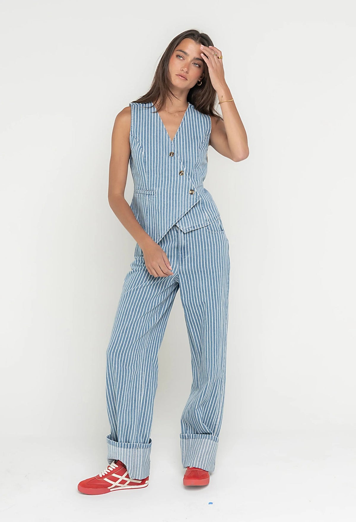 Autumn Street Hipster Loose Simple Vest Striped Trousers Set